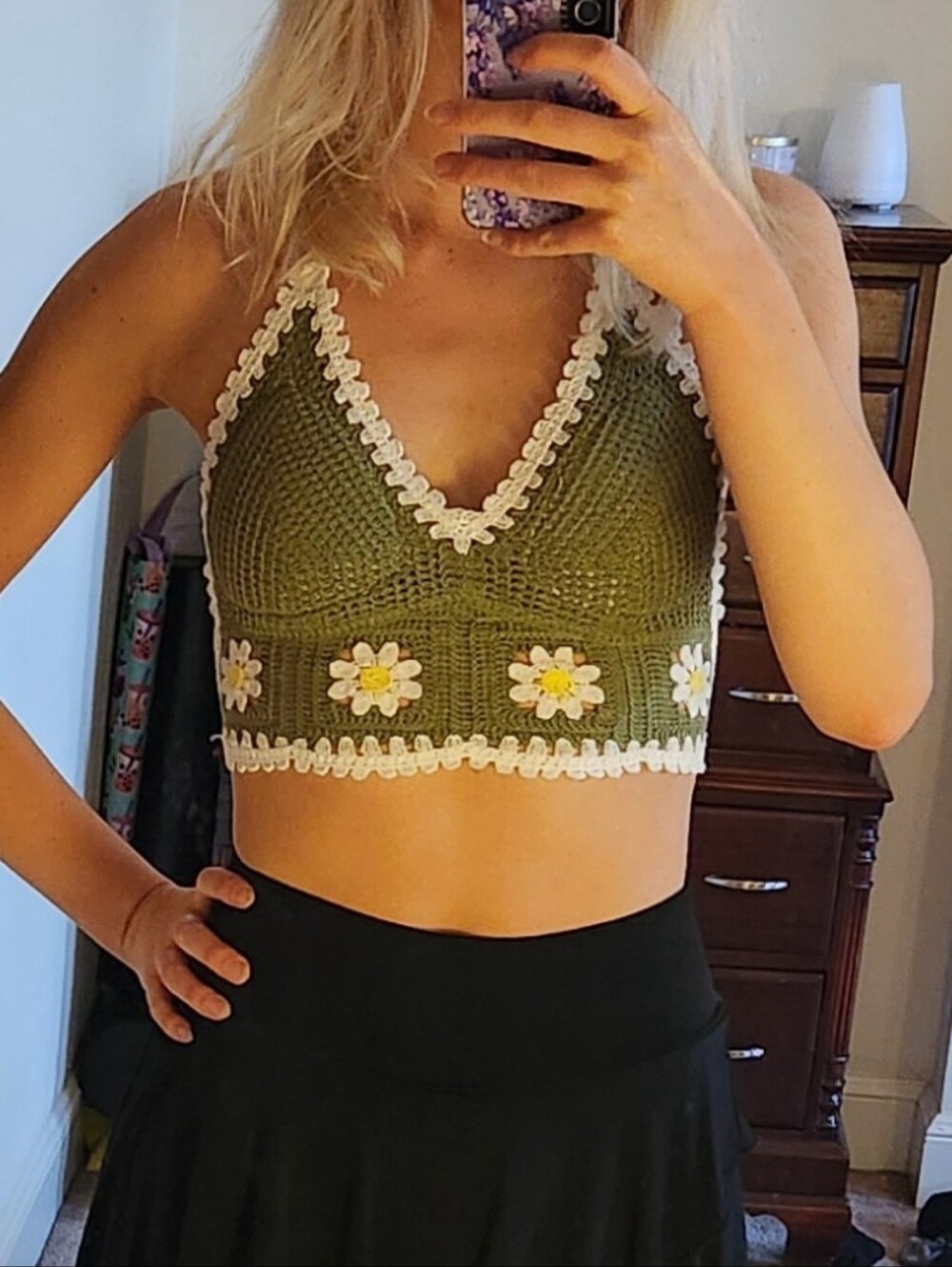 Green Crochet Daisy Crop Top